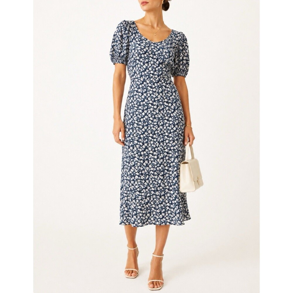 Reformation Prima Dress Size 8 Blue Cream Floral Puff Sleeve Midi Viscose